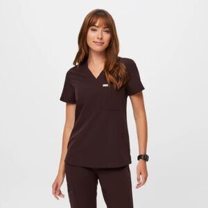 Women's Figs One Pocket Brown V-Neck Top